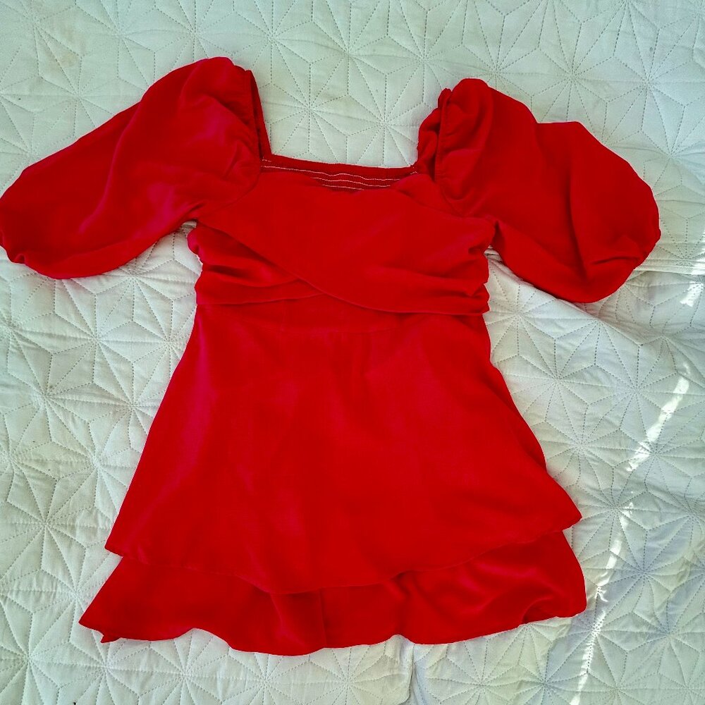 Hot Pink Puff Sleeve Tiered Midi Dress Smocked Back - Coquette Fairycore Size